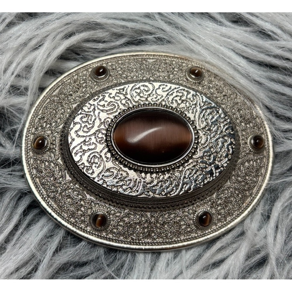 Vintage Western Cowboy Belt Buckle Ornate Oval Cat Eye Stone Metal‎ Brown Silver